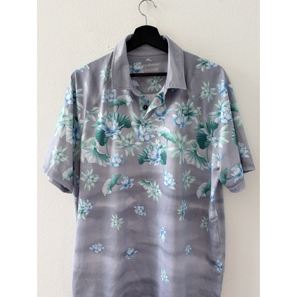 Tommy Bahama IslandZone Mens Large Gray Floral Golf Polo Shirt UPF 30